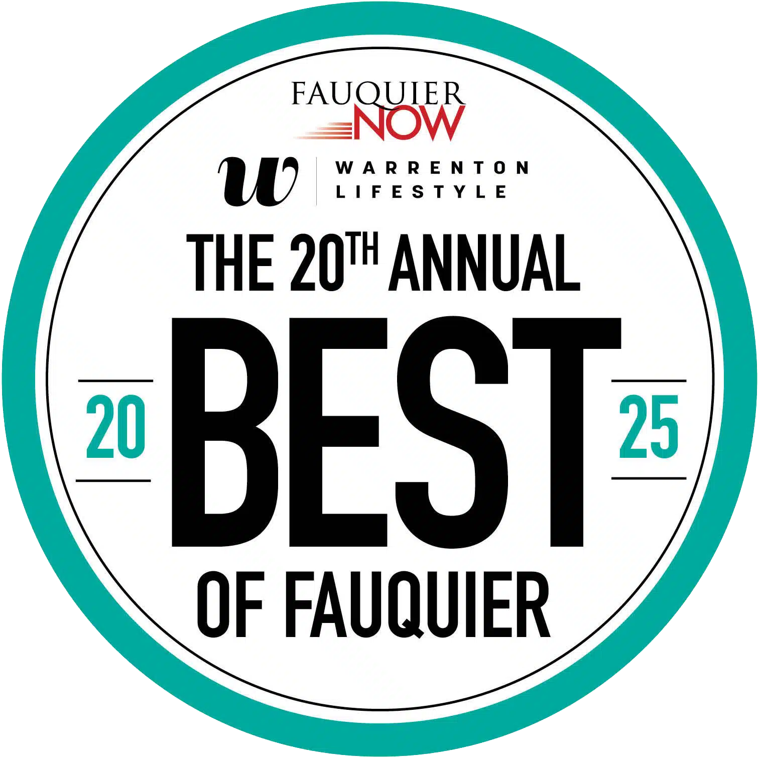 20th Annual Best of Fauquier 2025 Award from Fauquier Now and Warrenton Lifestyle